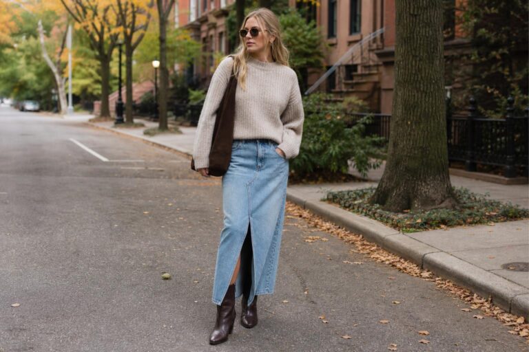 Jeans skirt outfits fall look with dark-wash denim midi, chunky knit sweater, trench coat, and ankle boots on a city street