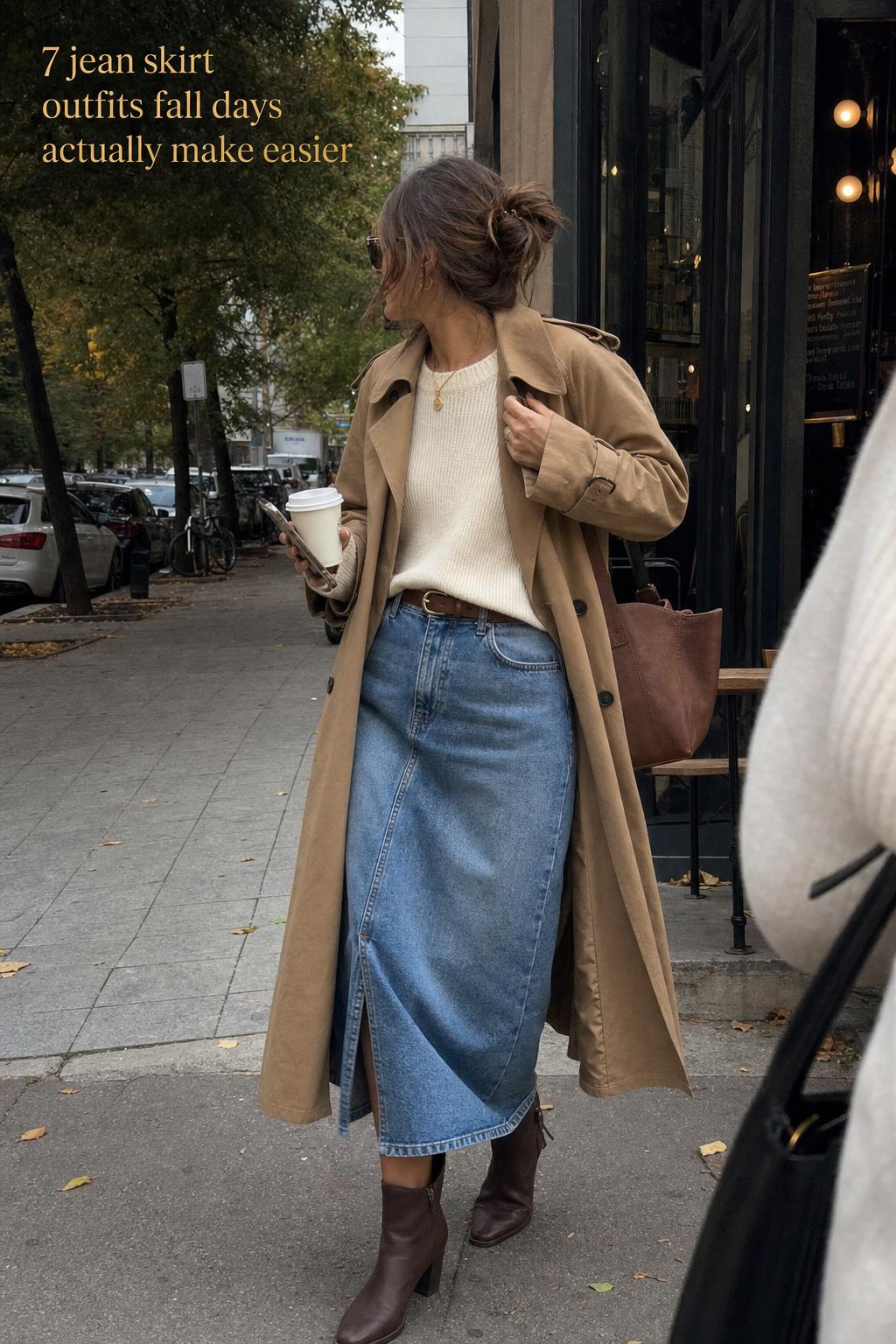 Jeans skirt outfits fall street style with denim midi skirt, cream sweater, camel trench and brown ankle boots