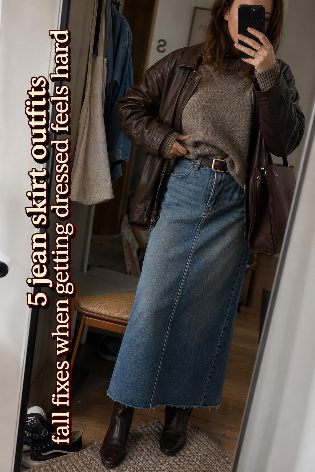 Mirror selfie in apartment showing jean skirt outfits fall with denim midi skirt, chunky sweater, boots, and tote, with text overlay