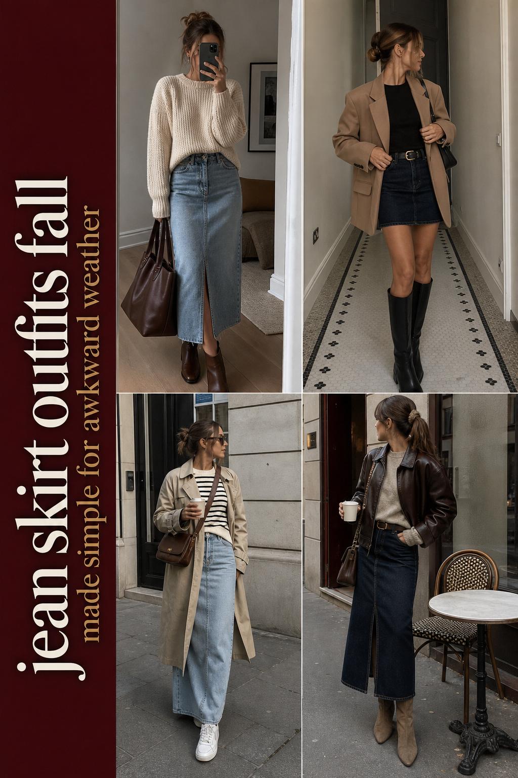Jeans skirt outfits fall grid with four denim skirt looks, cozy knits, blazers, trench and boots in muted autumn tones.