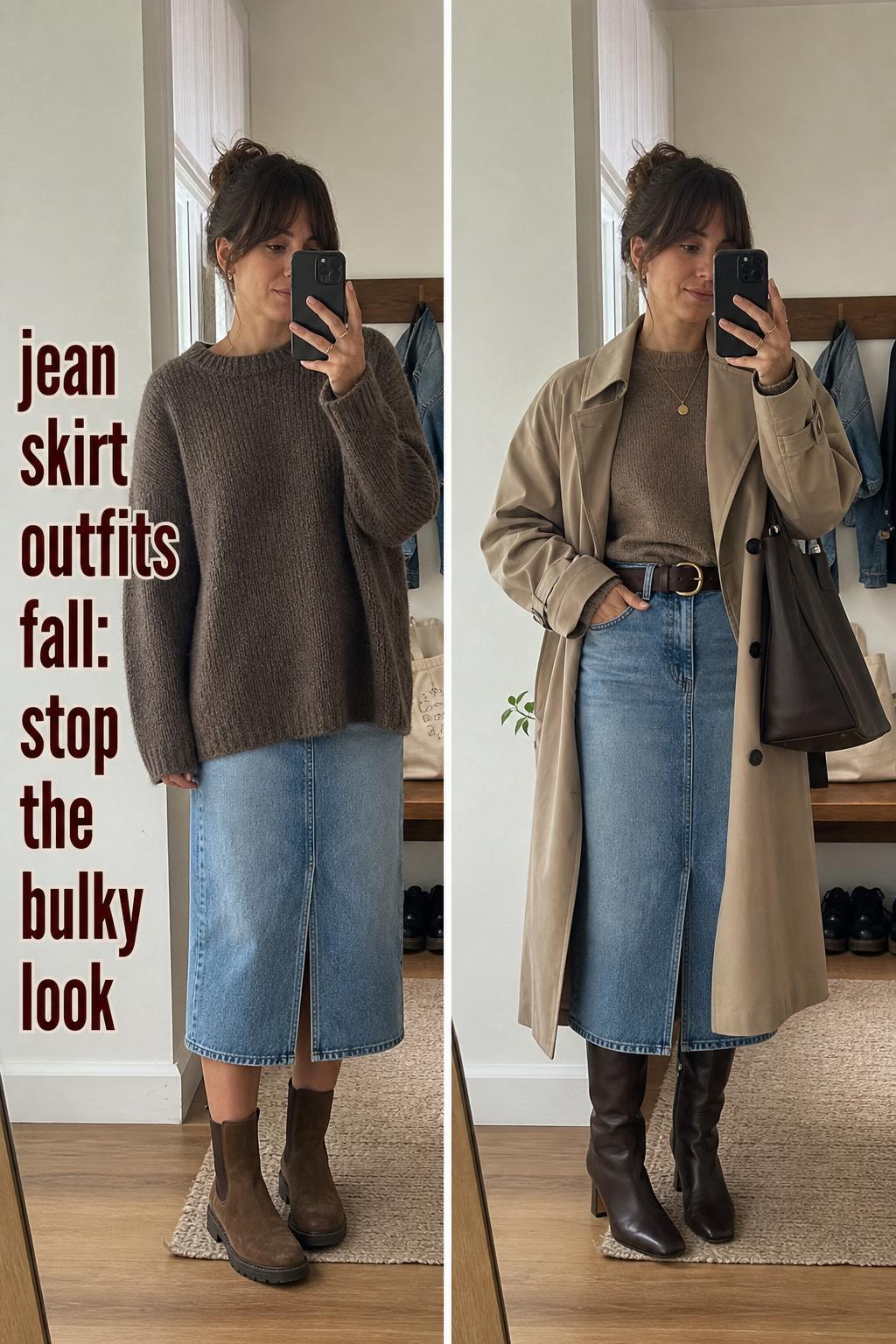 Stylish jean skirt outfits for fall with a cozy sweater and ankle boots on a city street