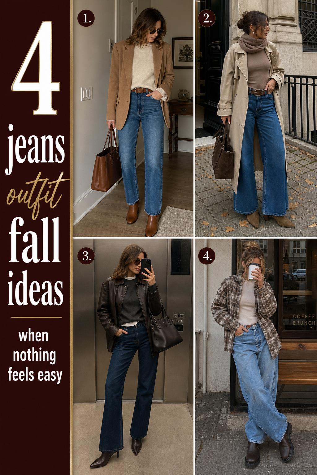 Jeans outfit fall collage with 4 elevated denim looks, cozy knits, blazers, trench coats, boots and neutral accessories