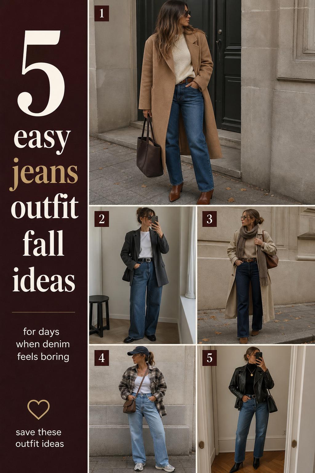 Jeans outfit fall guide with five easy denim looks, cozy layers, and boots in a clean Pinterest-style checklist layout