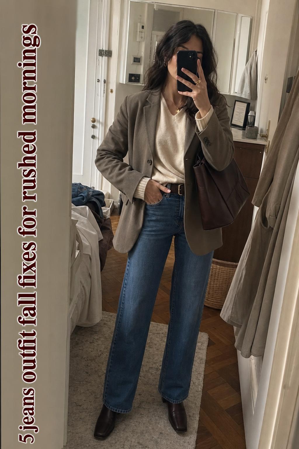 Jeans outfit fall mirror selfie in a lived-in apartment, blue denim with cream knit and taupe blazer, ankle boots and bag