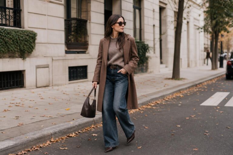Jeans outfit fall with straight blue denim, oatmeal knit sweater, camel coat, and suede ankle boots on a city street