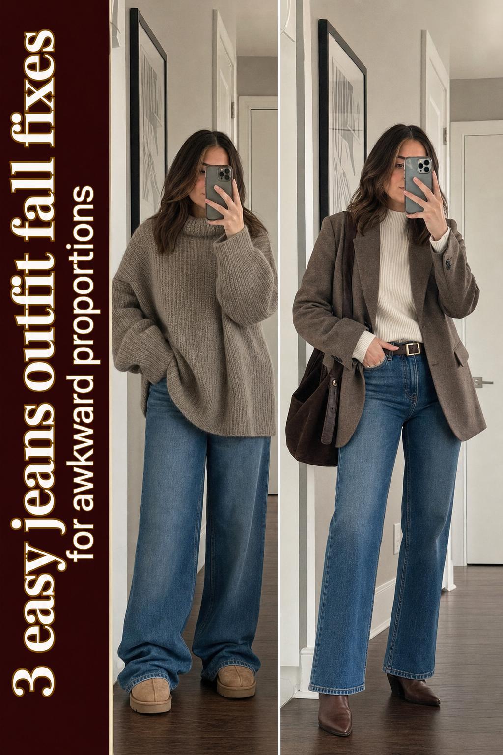 Jeans outfit fall with a cozy sweater and ankle boots on a leaf-lined city street
