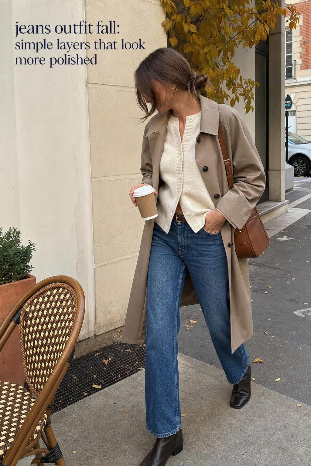 Woman in a trench coat and cream sweater styling a jeans outfit fall look on a city sidewalk with ankle boots and coffee