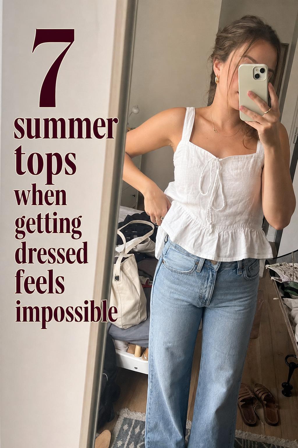 Mirror selfie showing casual linen outfit ideas and summer tops text overlay in a lived-in bedroom with natural light