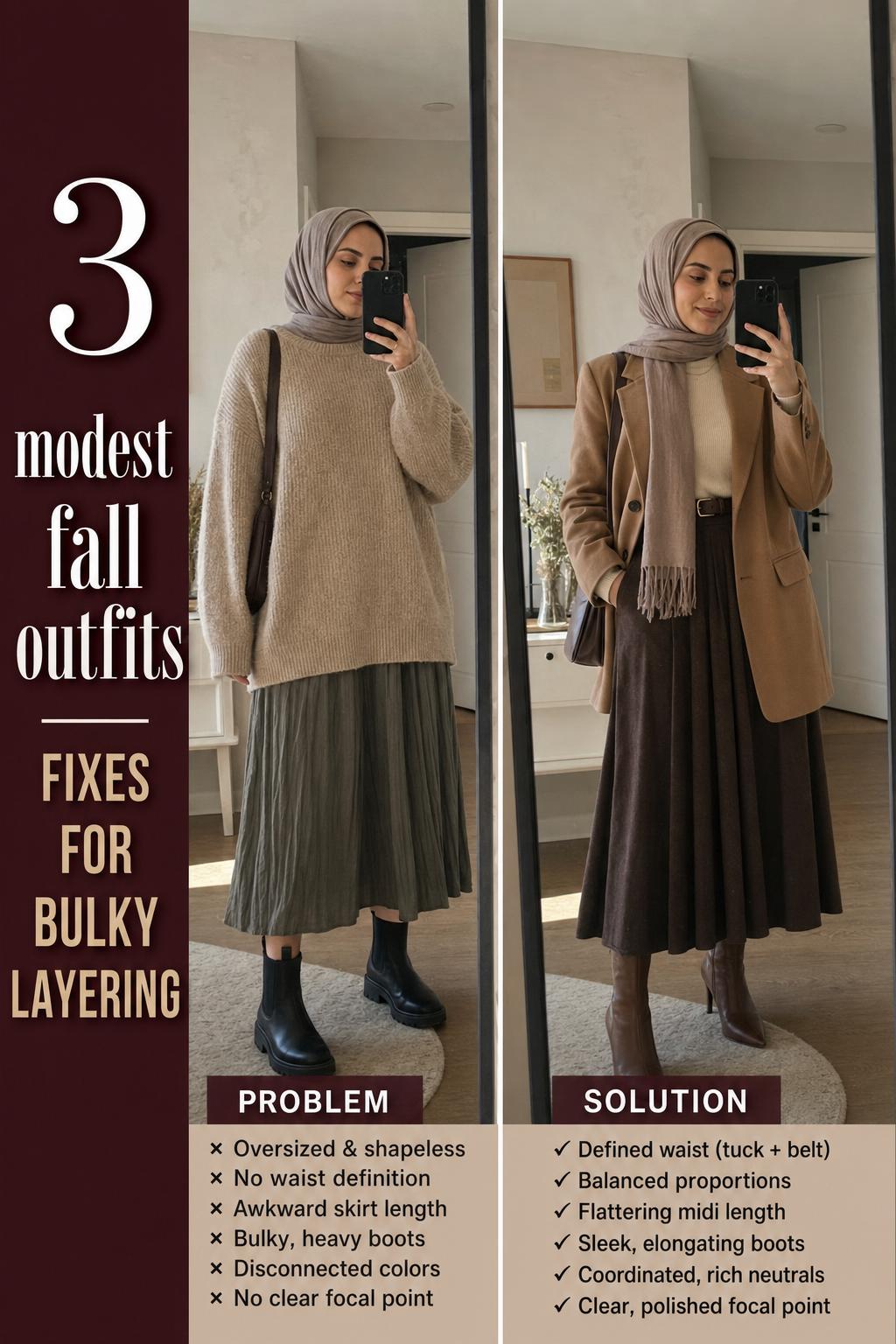 Modest fall outfits featuring layered sweater, midi skirt, and ankle boots on a city street