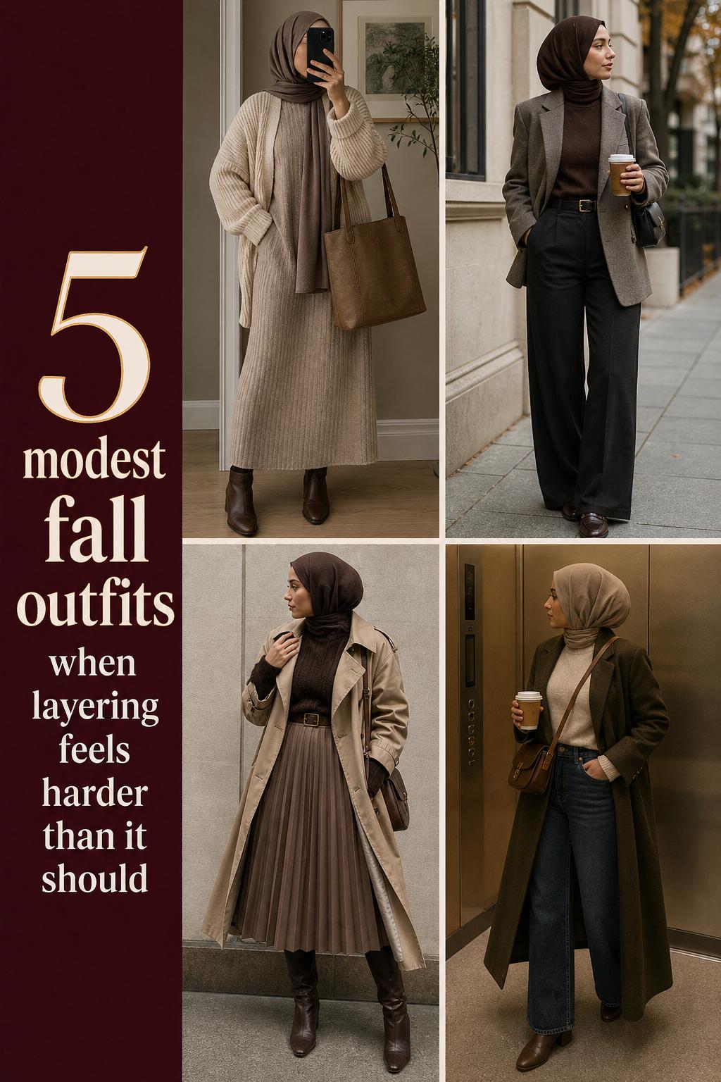 Modest fall outfits grid featuring four layered neutral looks with coats, boots, skirts, trousers, and cozy accessories