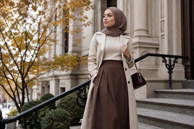 Modest fall outfits with a midi knit dress, long coat, ankle boots, and neutral scarf for a polished layered look