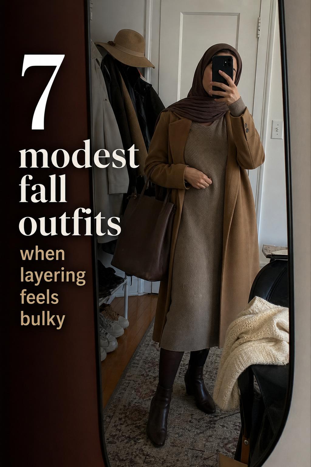 Mirror selfie of everyday woman in camel trench and knit dress, showing modest fall outfits in a lived-in apartment hallway