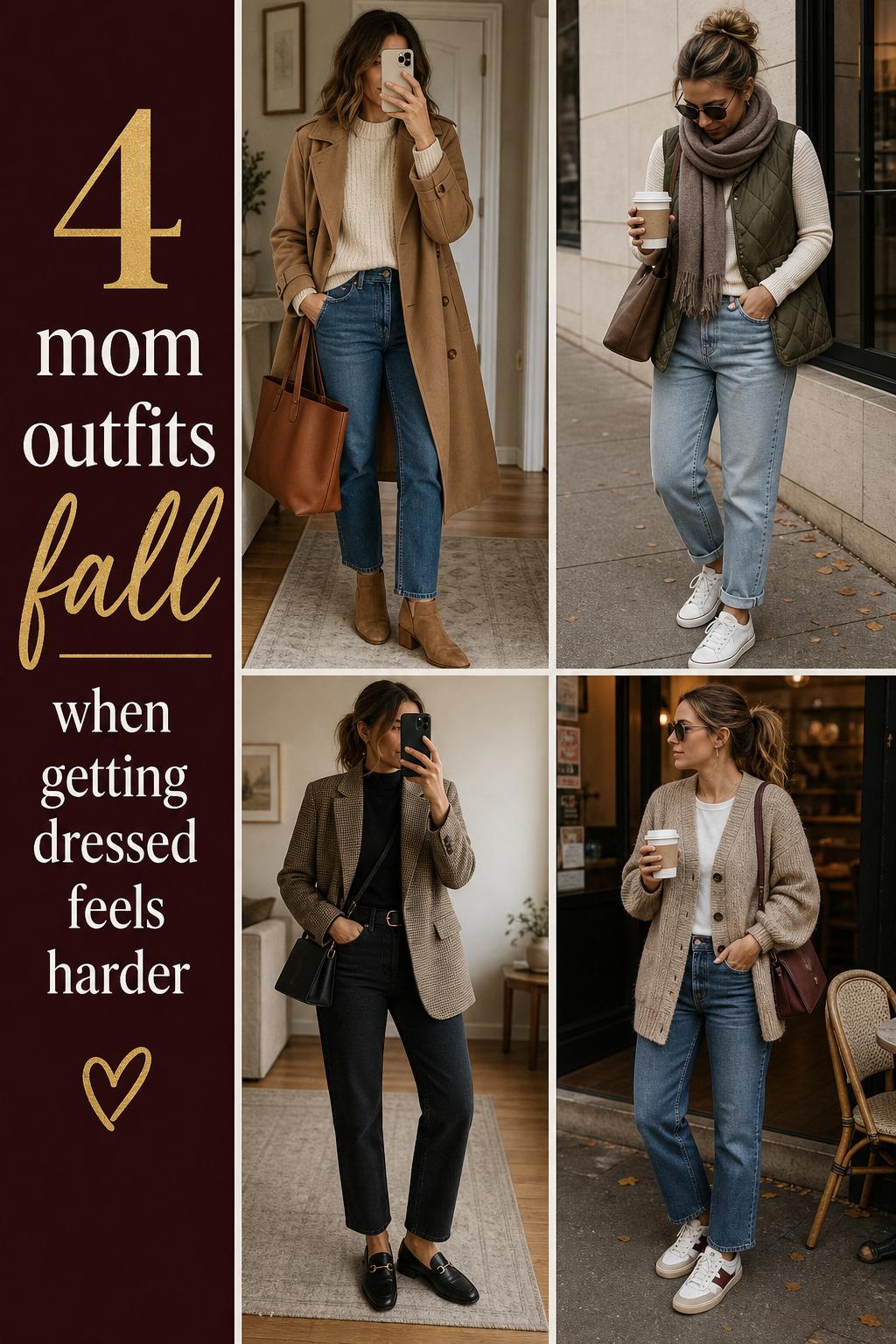 Mom outfits fall collage with 4 realistic layered looks in muted autumn tones, trench, vest, blazer and cardigan