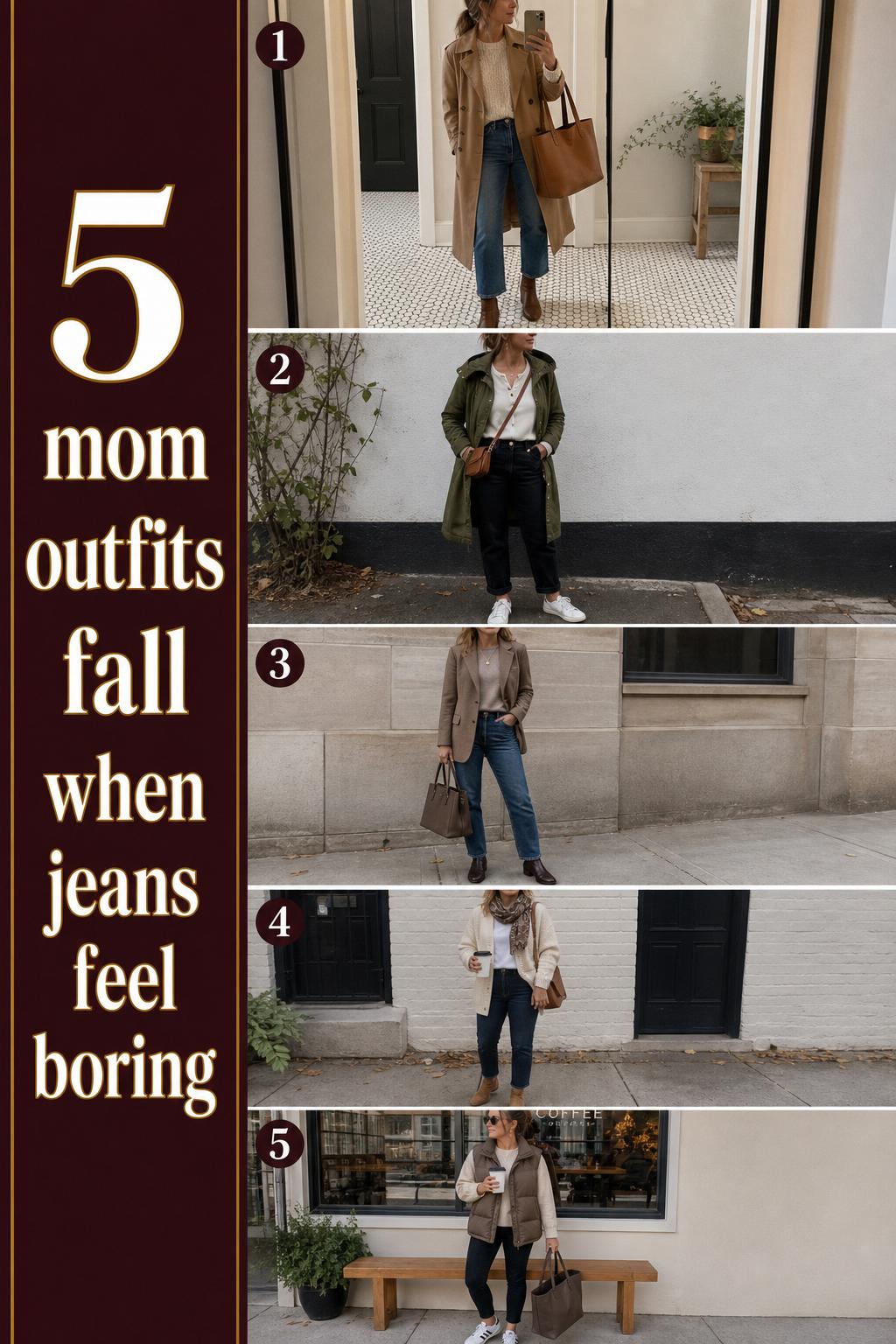Mom outfits fall guide with 5 layered looks, trench, parka, blazer, cardigan and puffer vest in a clean Pinterest list