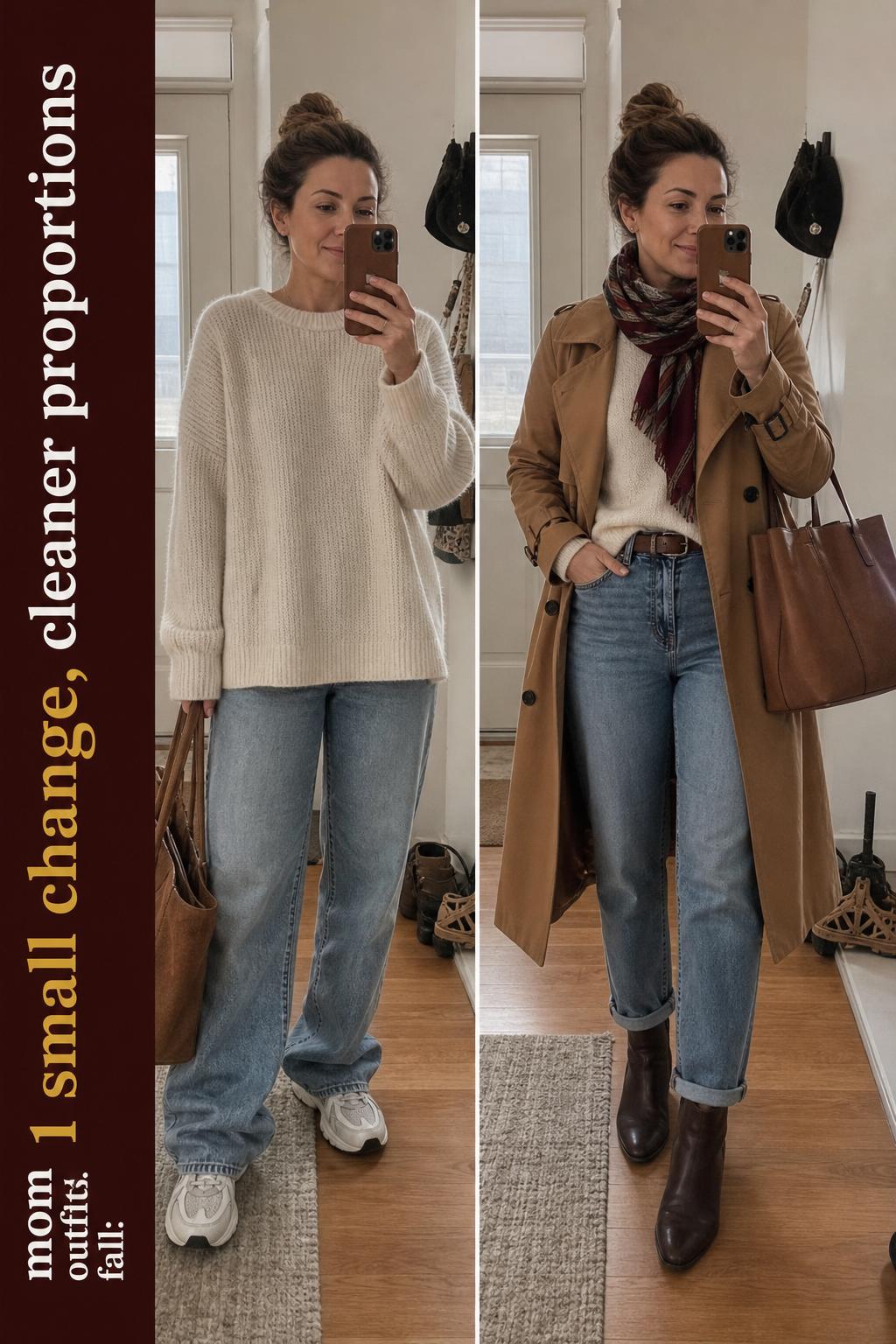 Mom outfits fall featuring a stylish mother in layered sweater, jeans, and ankle boots on an autumn street