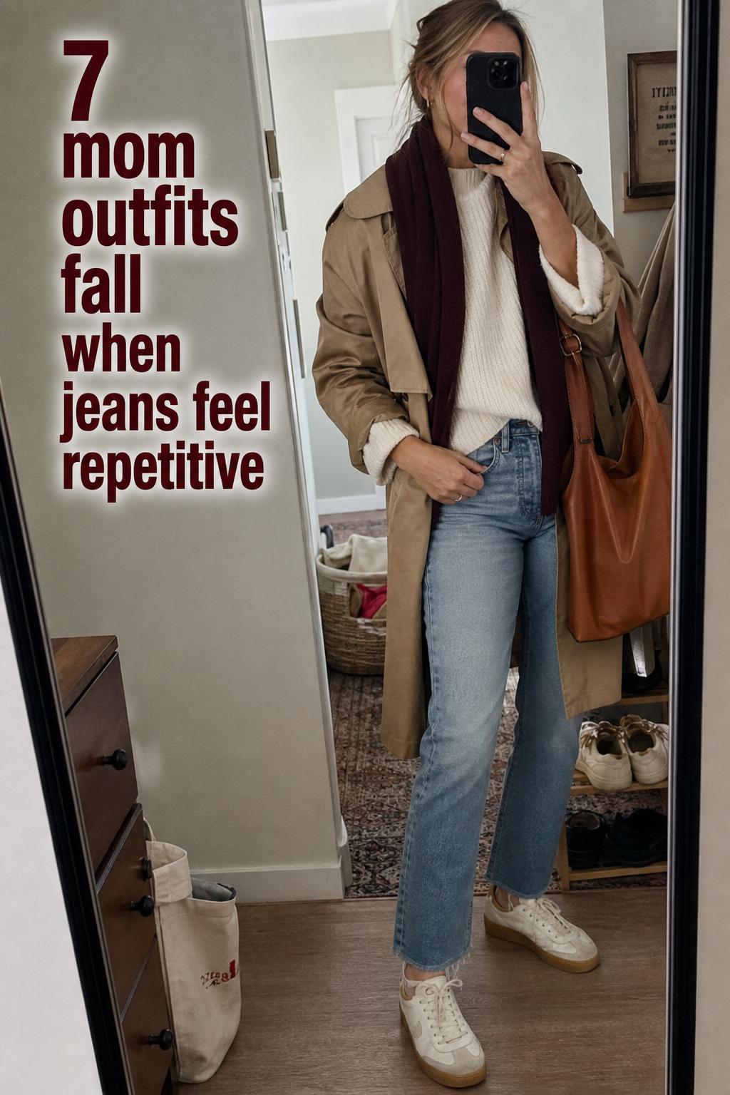 Mom outfits fall mirror selfie in a lived-in hallway, jeans, cream knit sweater, camel trench, ankle boots and tote