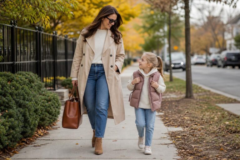 Mom outfits fall look with jeans, knit sweater, trench coat, ankle boots, and tote for a polished everyday style