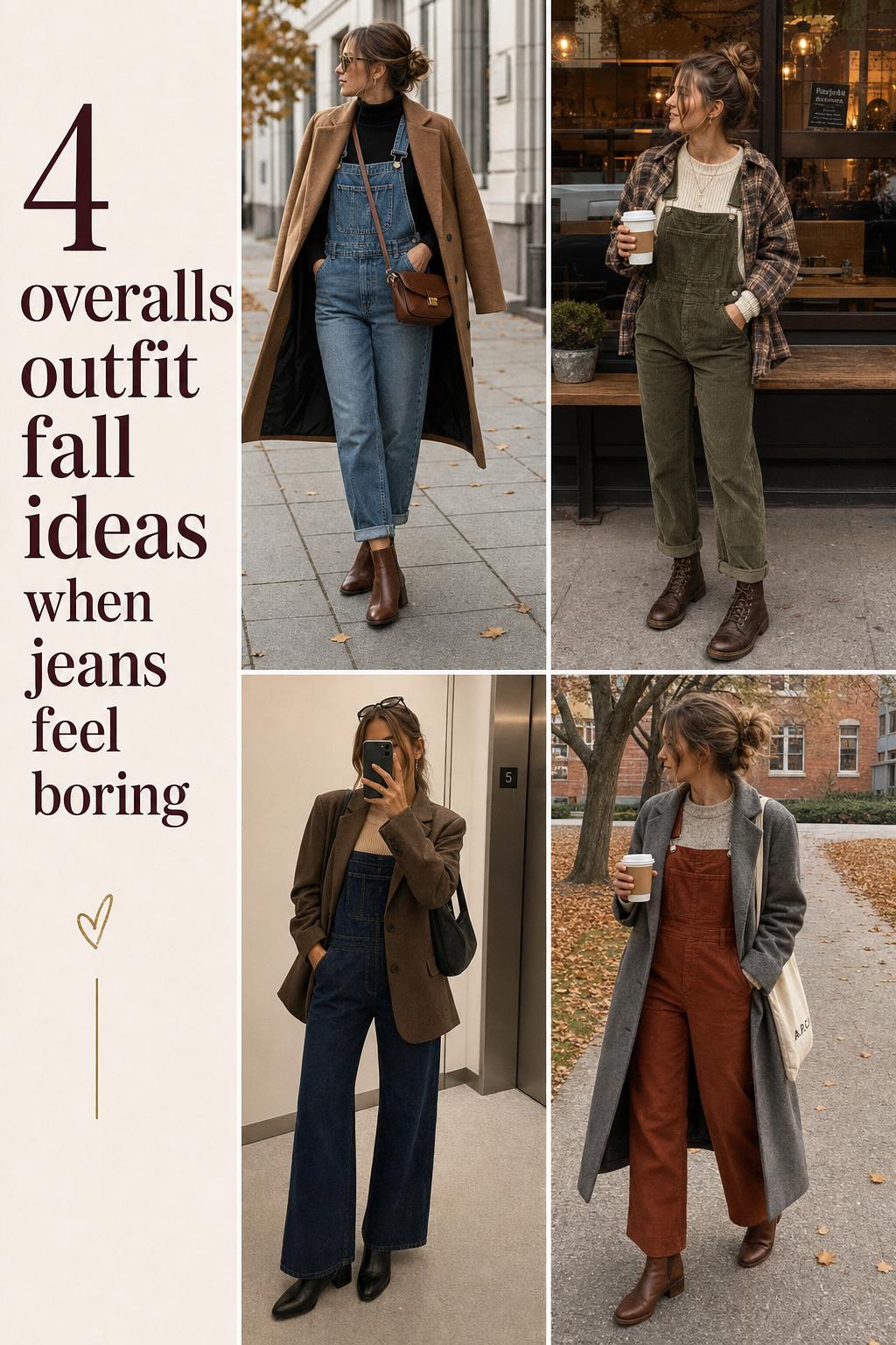Overalls outfit fall collage with 4 cozy layered looks in muted earth tones, styled on real women in autumn settings
