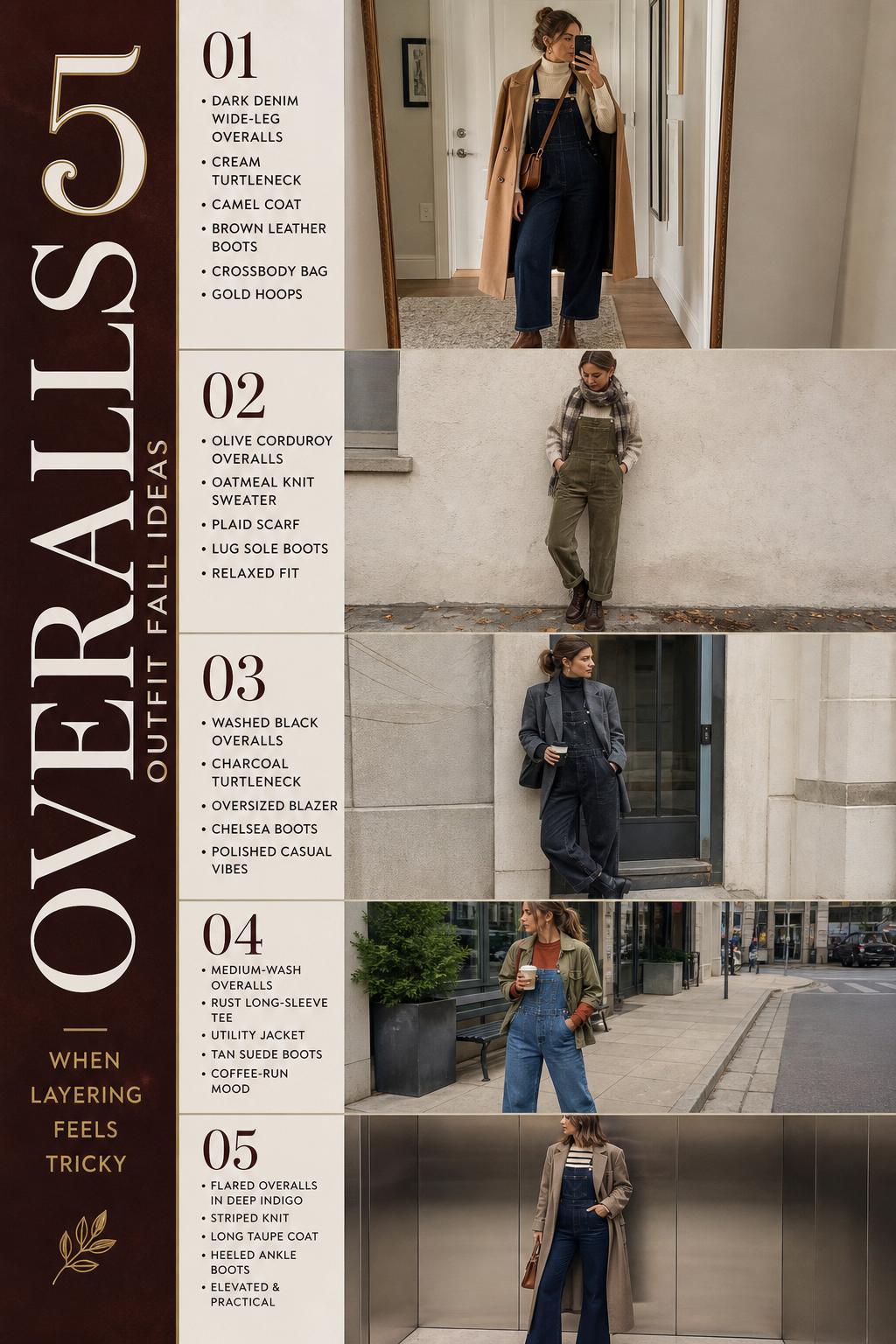 Overalls outfit fall style guide with 5 layered outfit ideas in earthy tones, from dark denim to olive corduroy.
