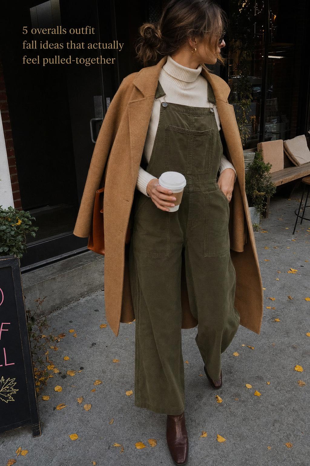 Overalls outfit fall with indigo wide-leg overalls, cream ribbed turtleneck and camel coat on a city sidewalk