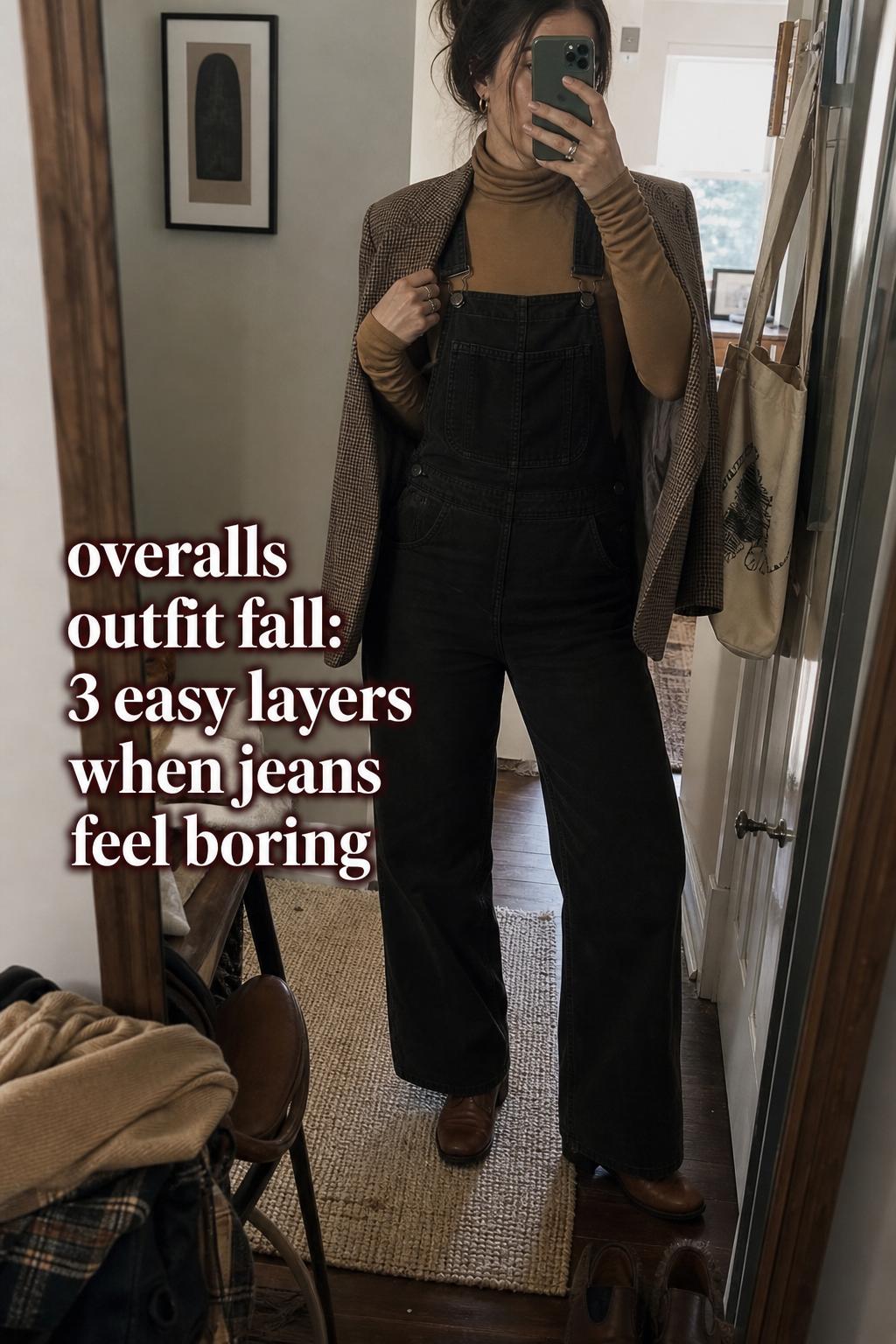 Overalls outfit fall mirror selfie in a lived-in apartment hallway with layered blazer, turtleneck, and ankle boots.