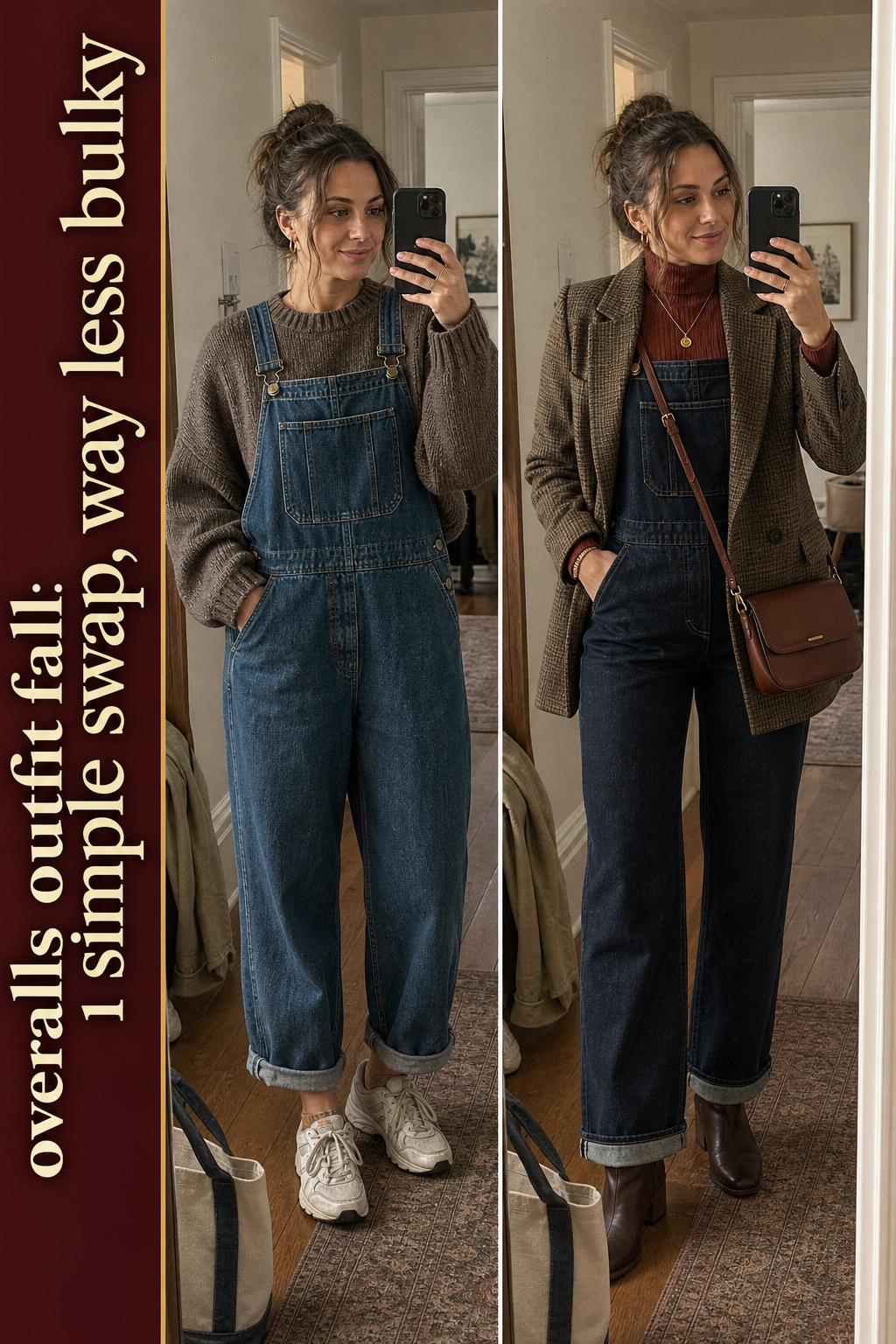 Woman wearing an overalls outfit fall look with a cozy sweater and ankle boots outdoors