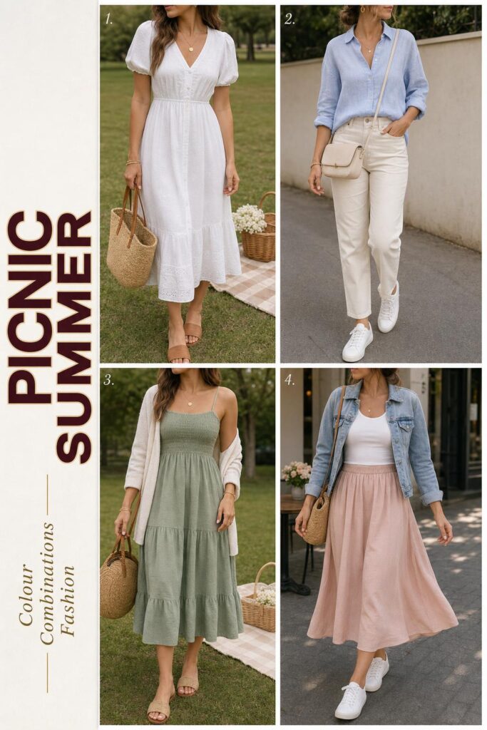 Picnic outfit summer fashion collage with 4 airy women’s outfits in soft neutrals, linen, cotton dresses, and straw bags
