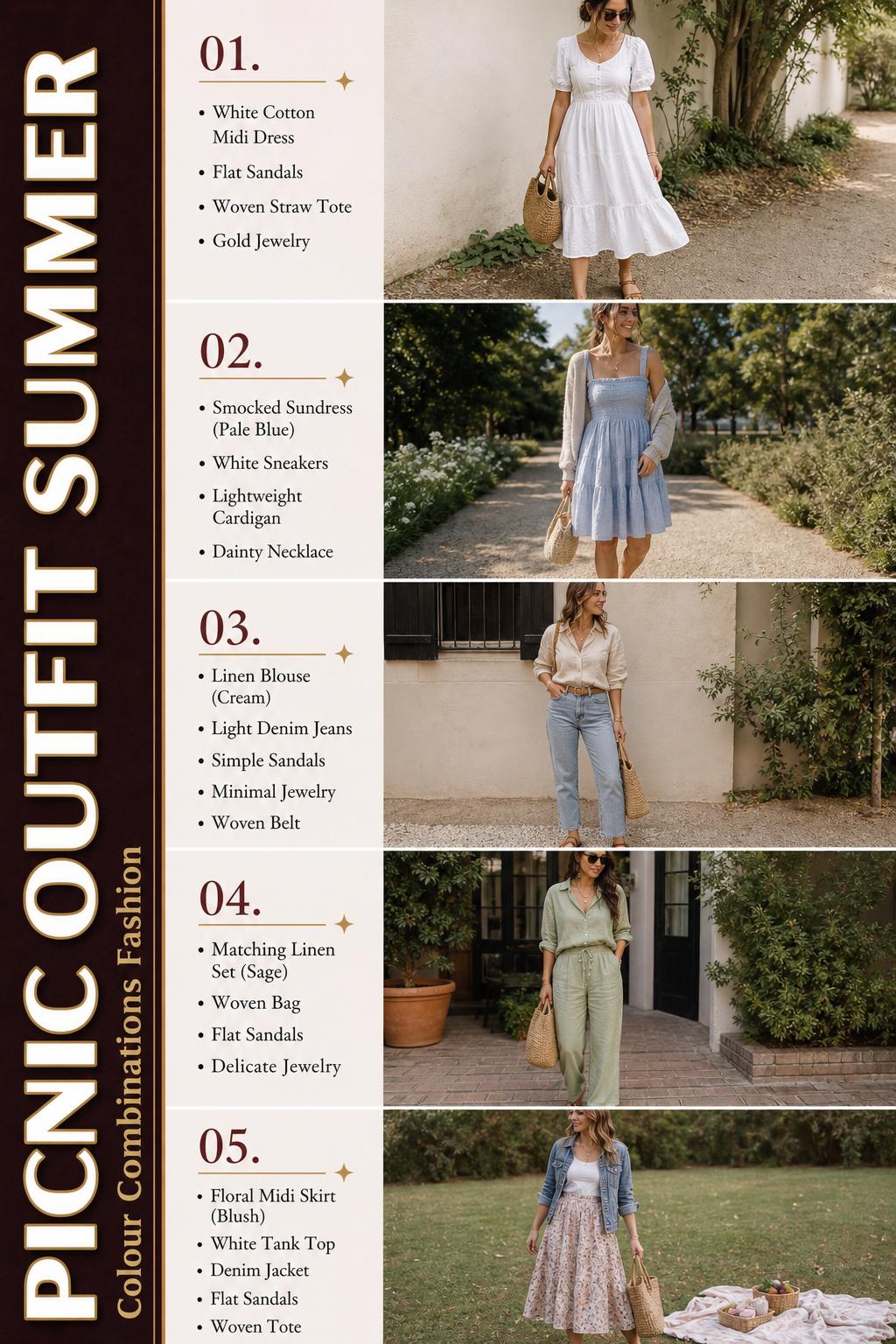 Picnic outfit summer fashion list featuring five airy looks in muted tones, from white midi dress to sage linen set.