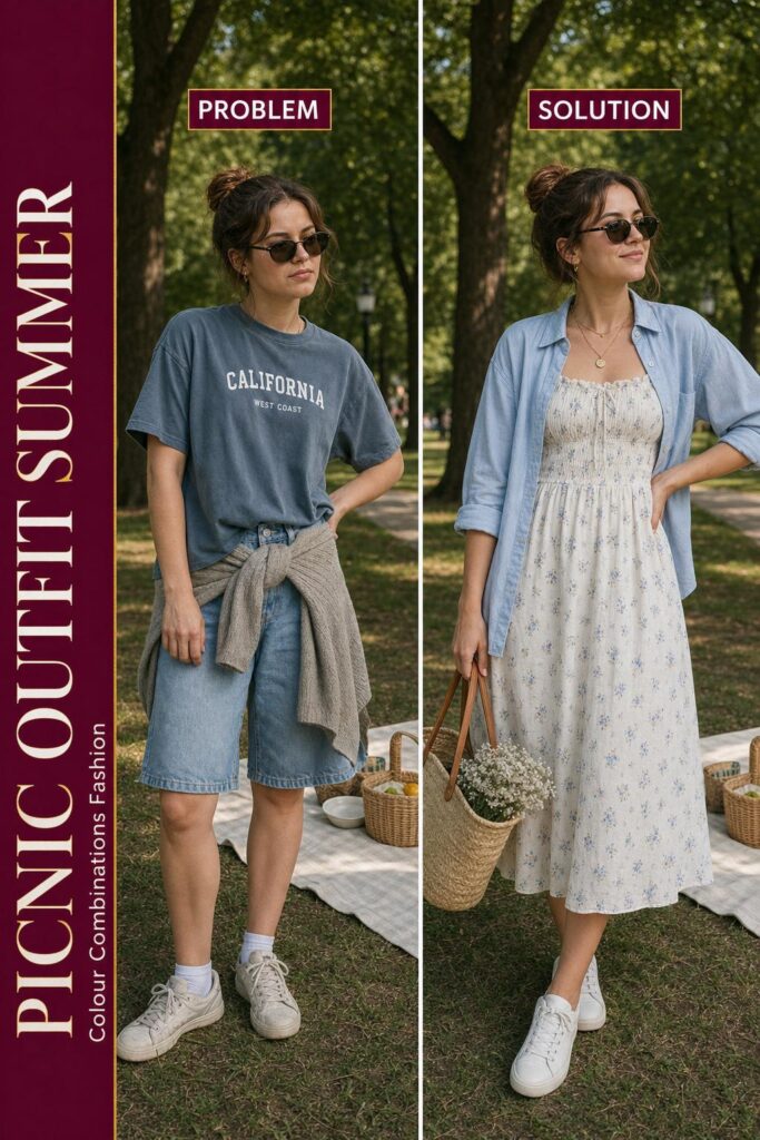 Picnic outfit summer before-and-after photo of a woman in a park, showing an unflattering look vs a stylish outfit upgrade