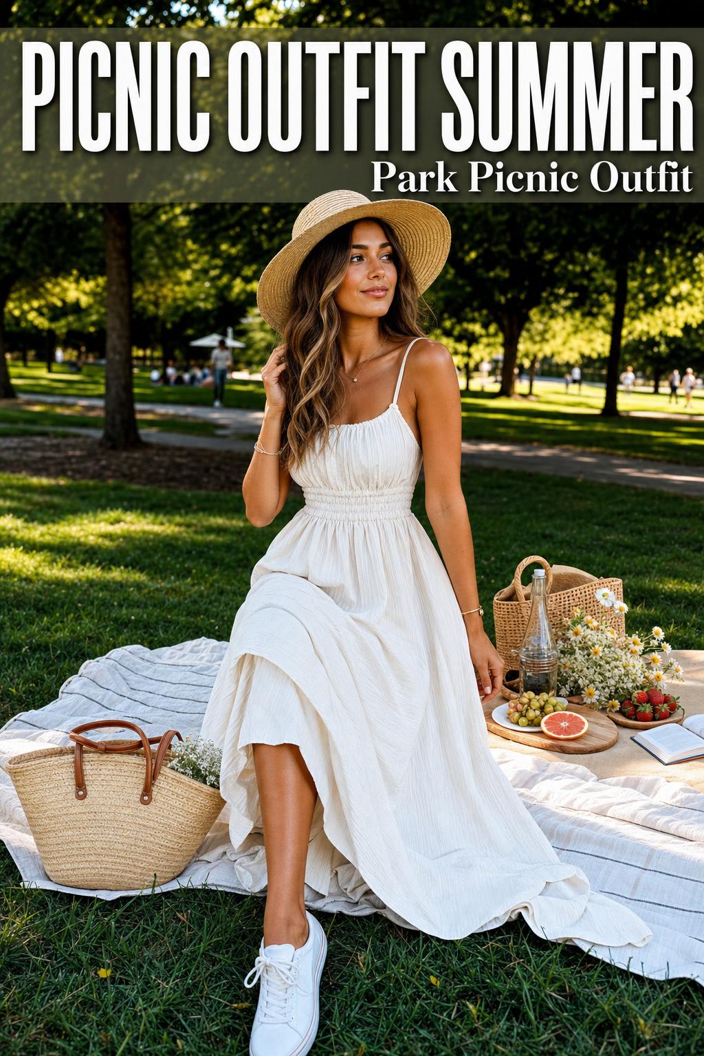 Picnic outfit summer with a breezy dress, straw hat, and woven basket on a sunlit park blanket