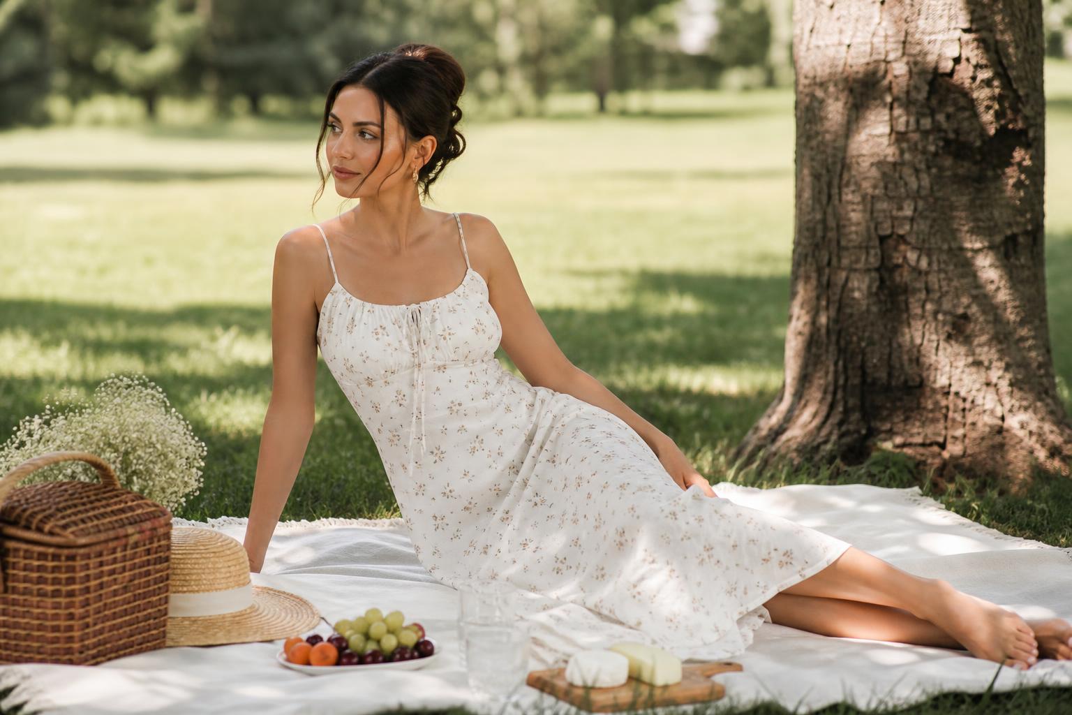 Picnic outfit summer look with a cotton midi dress, flat sandals, and a woven tote on a sunny park blanket