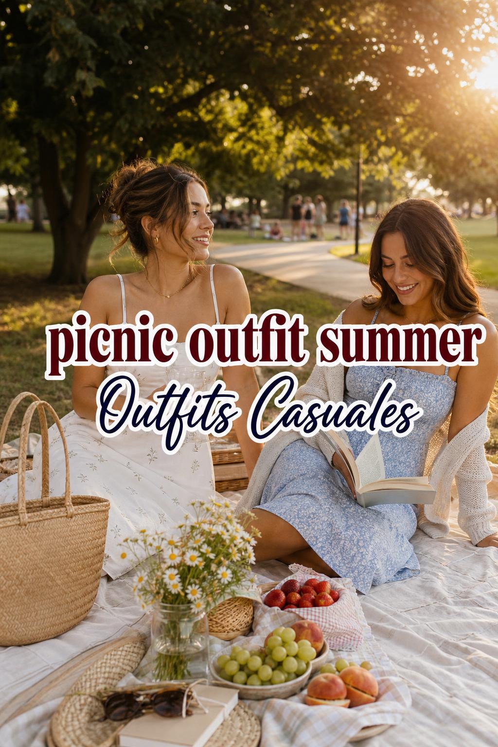 picnic outfit summer scene with stylish women on a blanket in a golden-hour park, straw tote, fruit, and linen textures