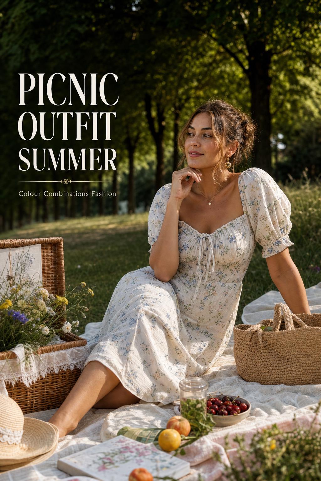 Picnic outfit summer editorial photo of a woman in a linen midi dress on a park blanket with basket, wildflowers and text overlay