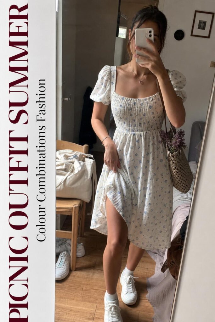 Woman mirror selfie in apartment wearing a picnic outfit summer dress with tote bag, candid phone photo with text overlay