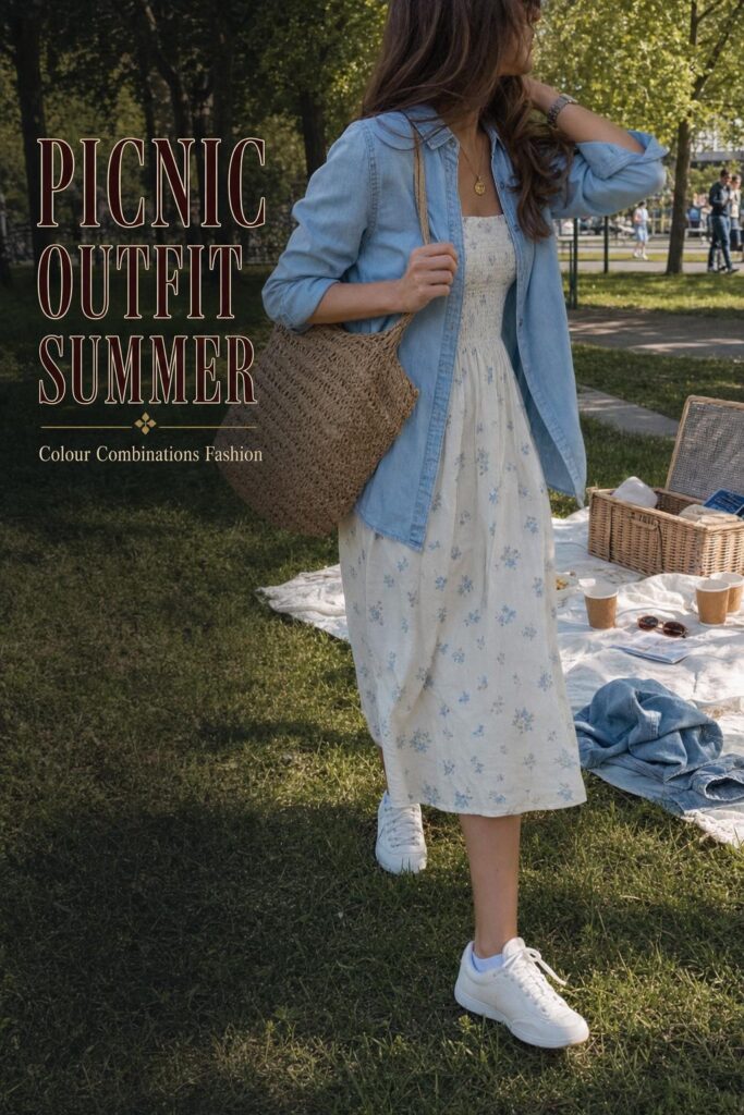 Picnic outfit summer look with woman in light sundress and straw tote walking by a park picnic blanket in late afternoon