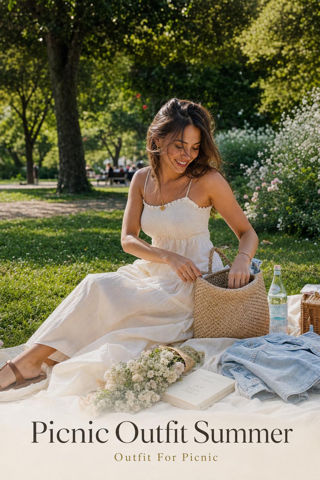 Picnic outfit summer fashion photo of a woman in a white midi dress on a sunlit park blanket with a straw tote