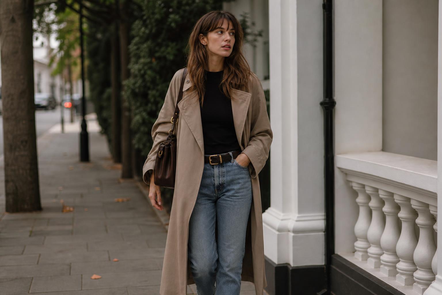 Polished 90s fall outfits with a satin slip dress, leather jacket, and knee-high boots on a city street in autumn light