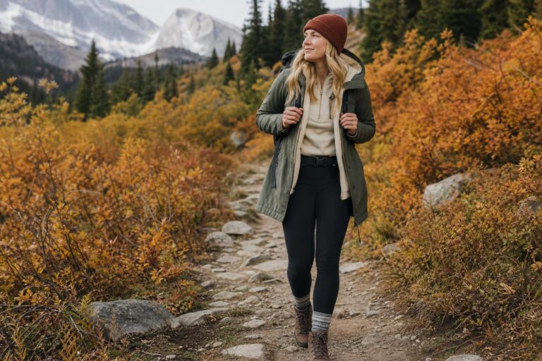 Polished fall hiking outfits with layered fleece, olive jacket, hiking pants, and boots on a forest trail