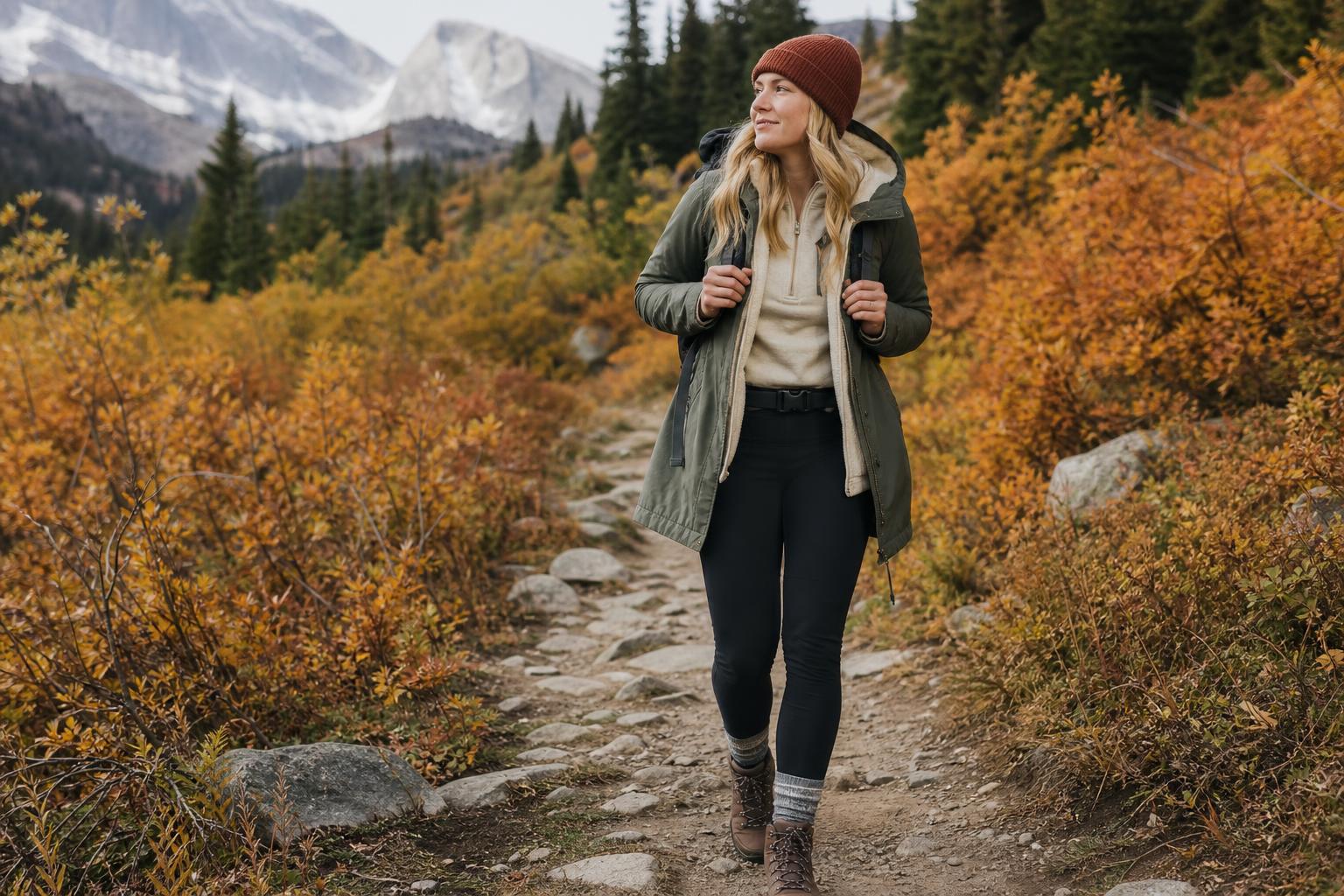 Polished fall hiking outfits with layered fleece, olive jacket, hiking pants, and boots on a forest trail