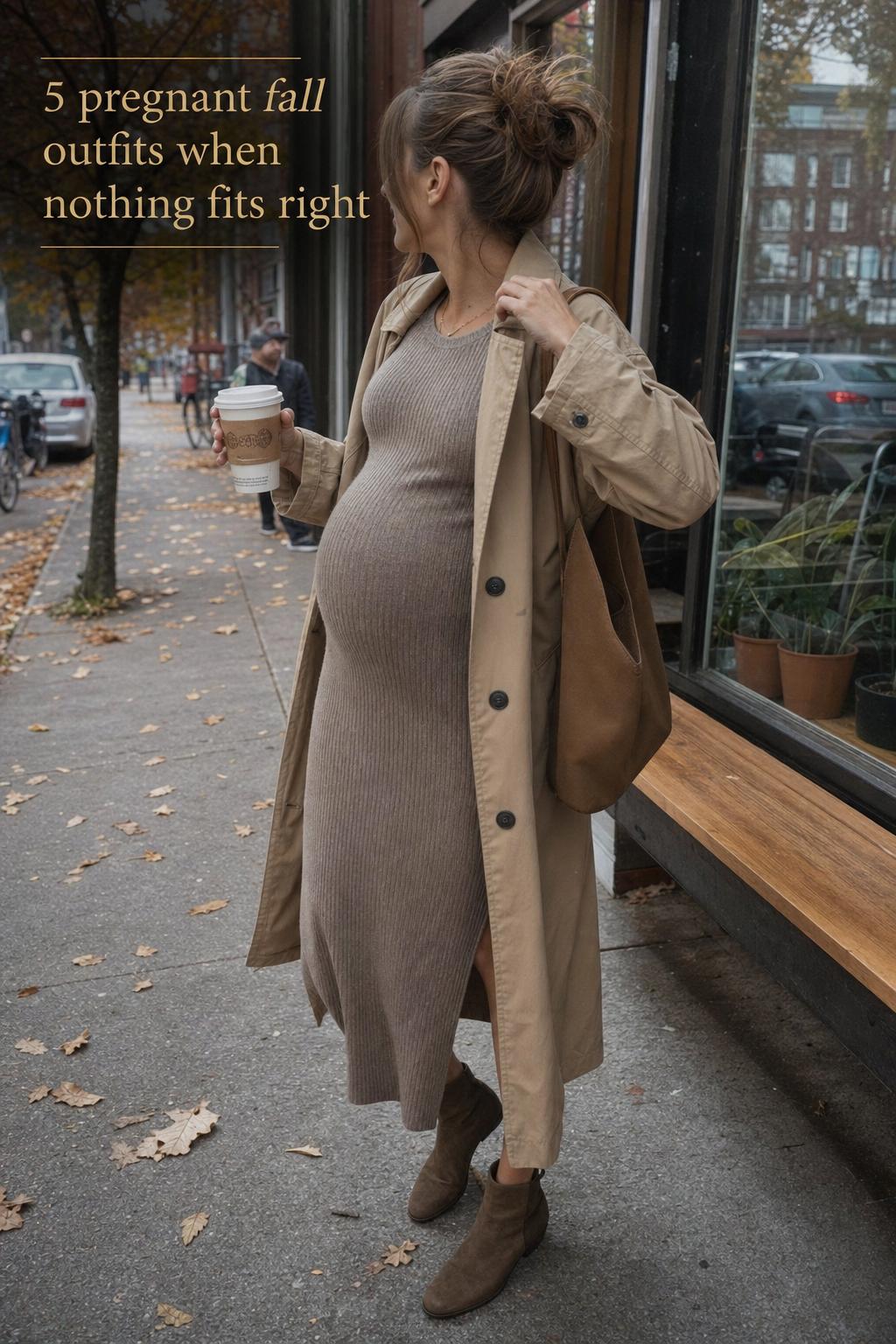 pregnant fall outfits on city sidewalk coffee run in camel trench and knit midi dress, candid early autumn street style