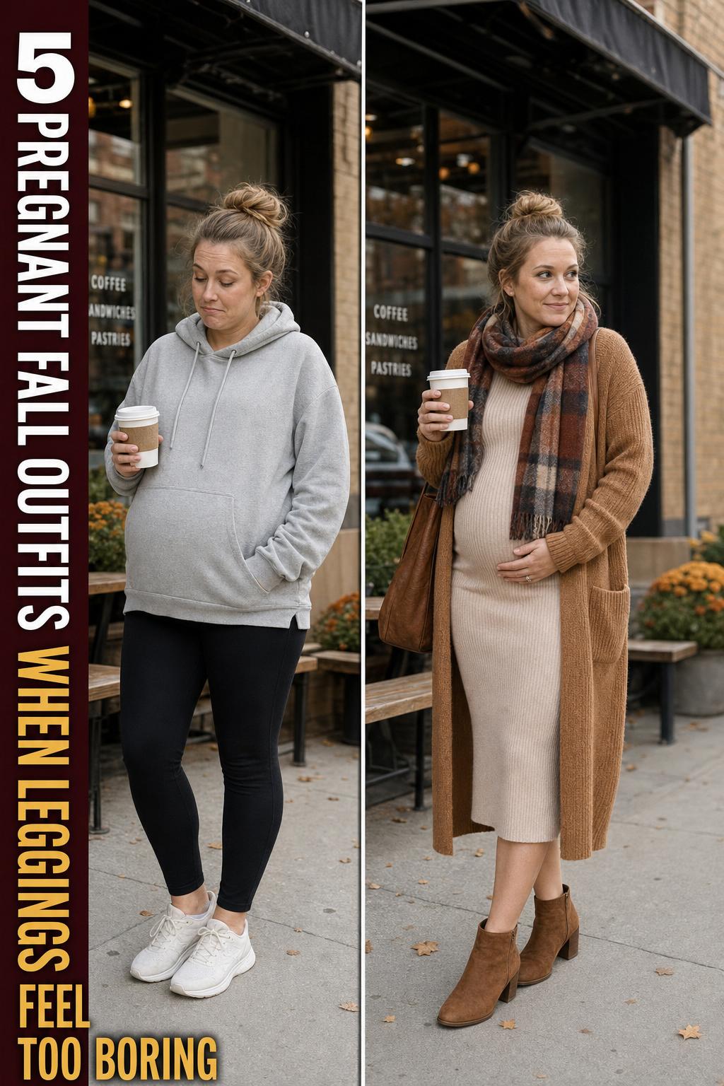 Pregnant fall outfits featuring a stylish mom in a cozy sweater and boots outdoors