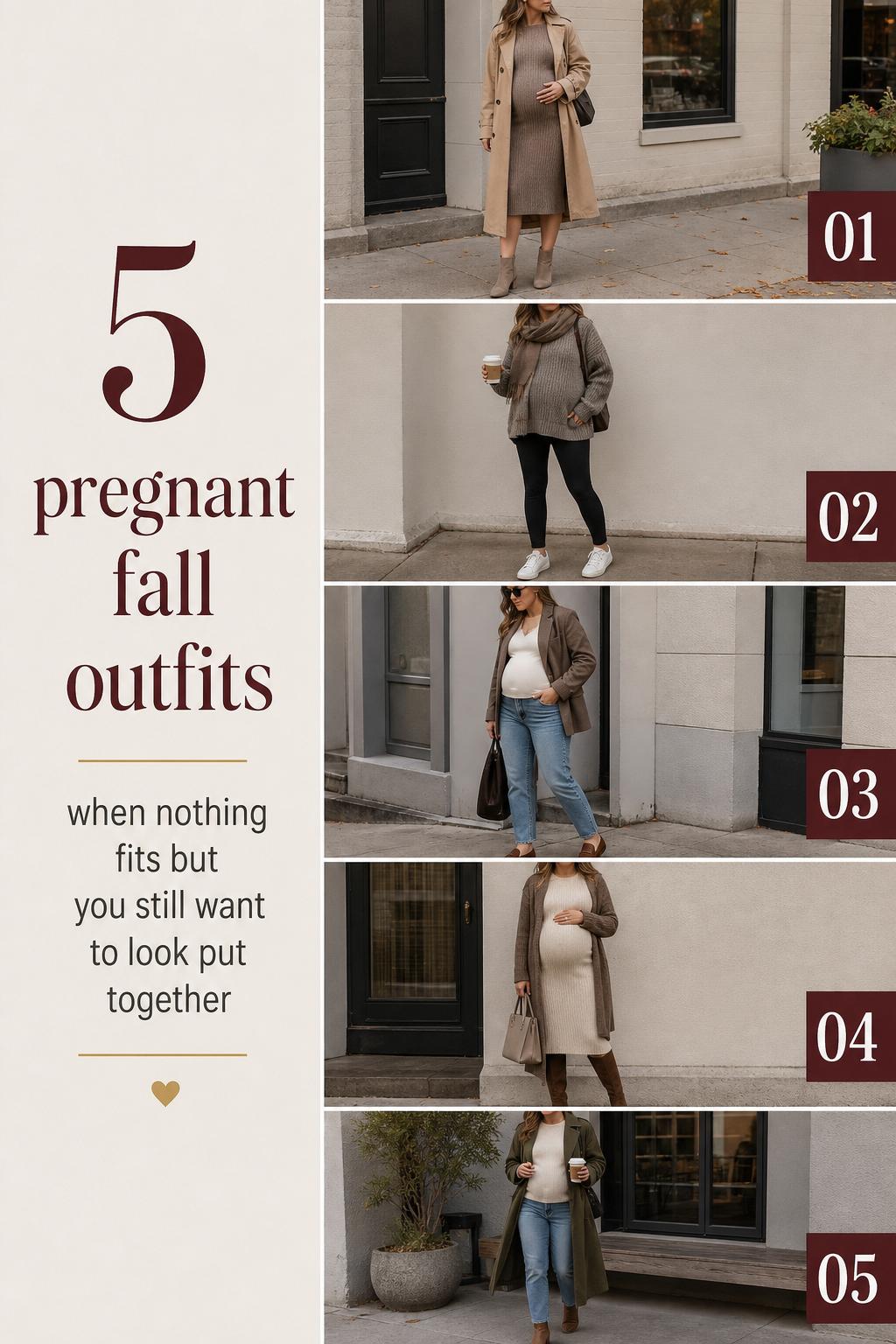 Pregnant fall outfits checklist with 5 early autumn maternity looks in neutral layers, coats, boots, and jeans