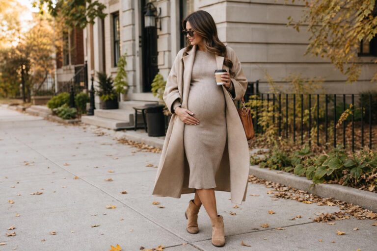 Pregnant fall outfits with a cozy sweater dress, long cardigan, and knee-high boots in soft neutral tones