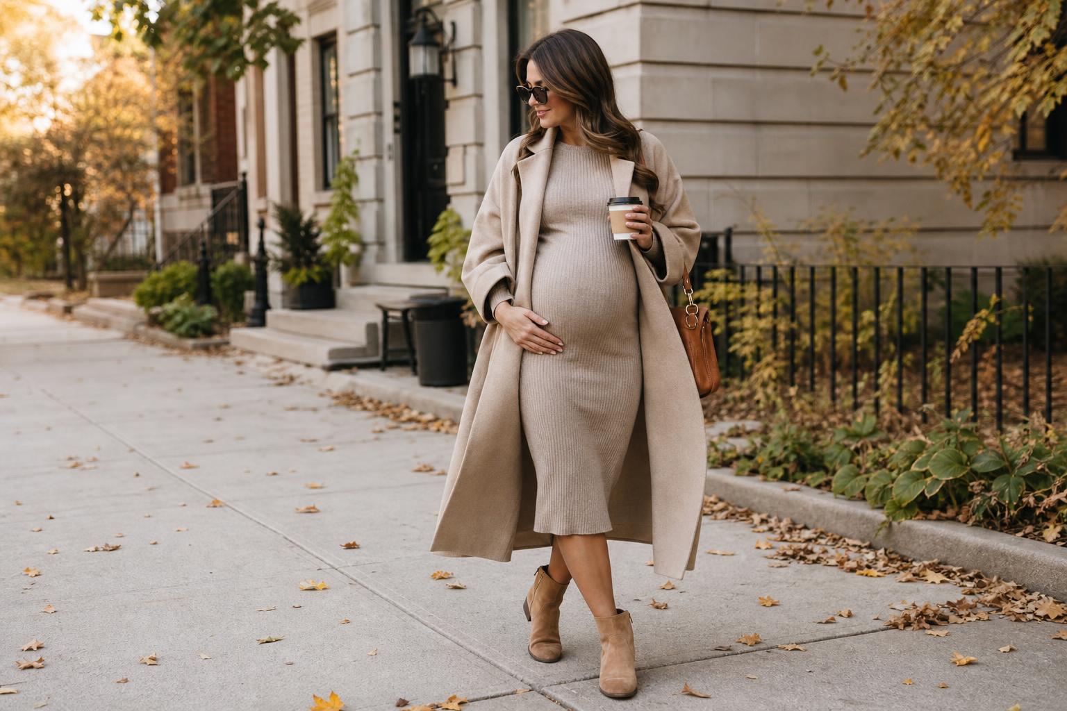 Pregnant fall outfits with a cozy sweater dress, long cardigan, and knee-high boots in soft neutral tones