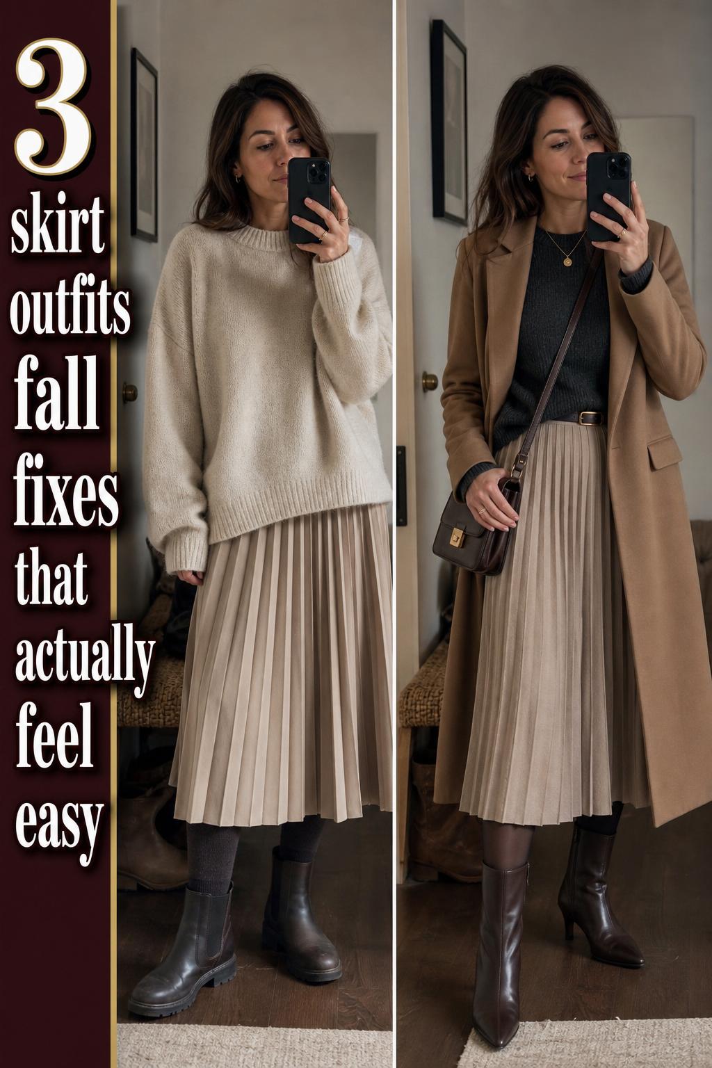 Skirt outfits fall featuring a cozy knit sweater and plaid midi skirt on a city street