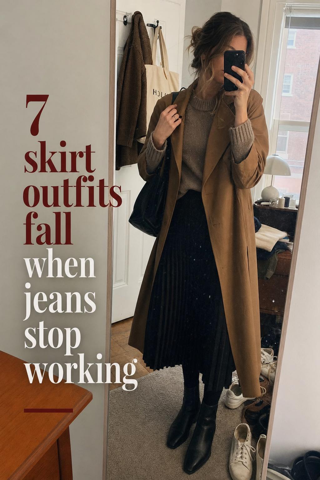 Skirt outfits fall mirror selfie with pleated midi skirt, cozy knit, trench coat and boots in a lived-in apartment entryway