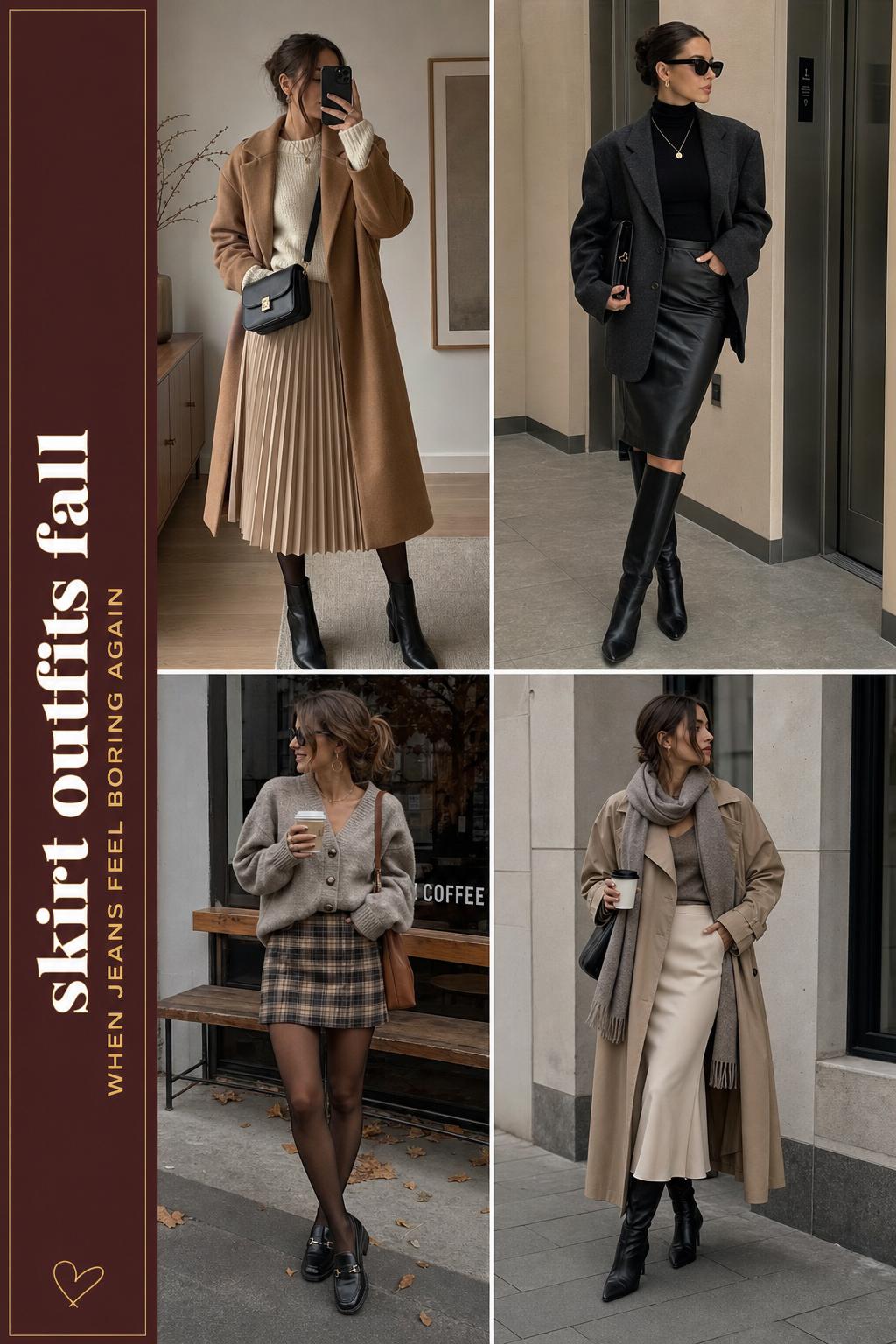 Skirt outfits fall outfit grid with four cozy neutral city looks featuring midi and mini skirts, coats, boots, and knits