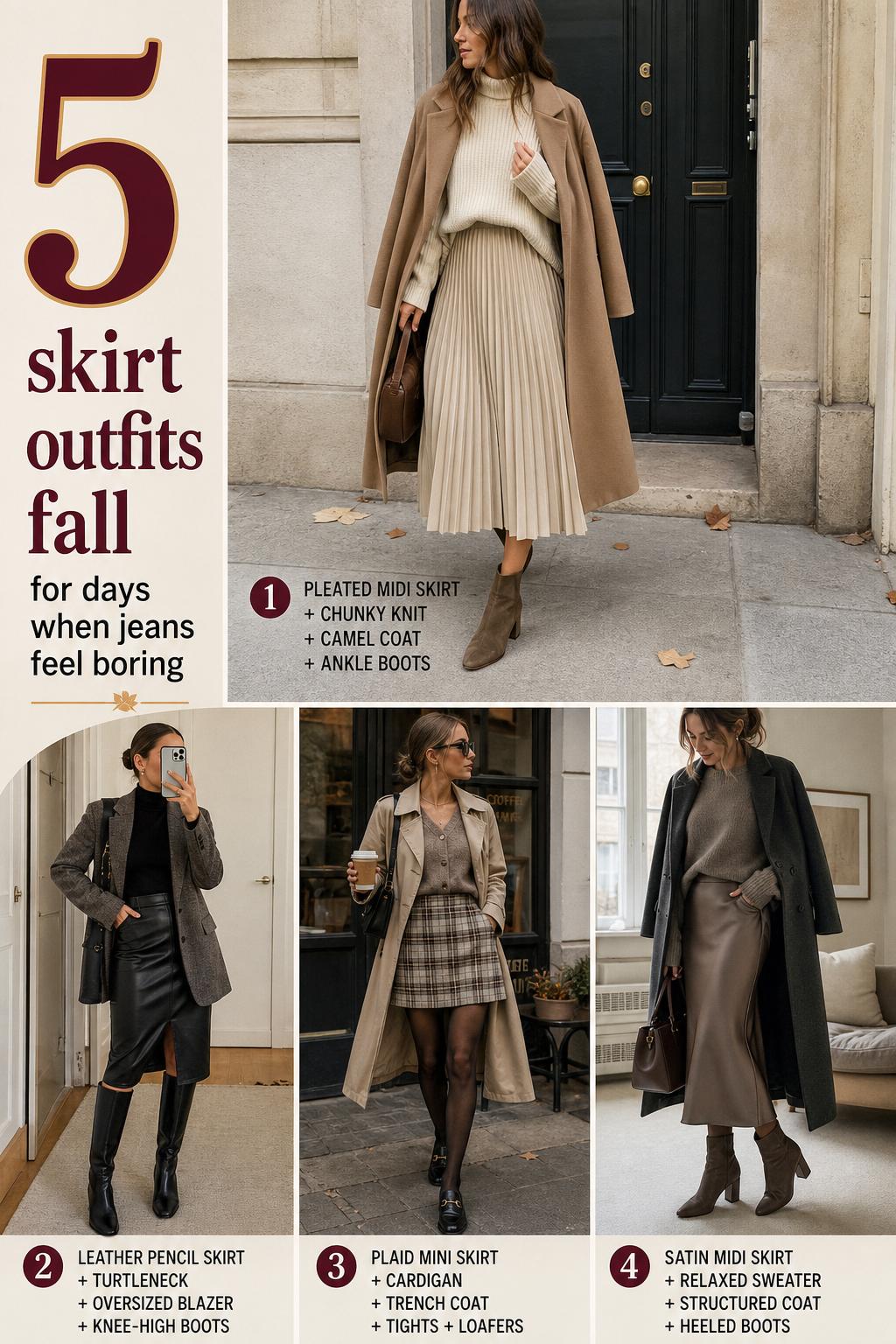 Skirt outfits fall guide with 4 cozy layered looks, featuring midi and mini skirts with coats, boots, and knits