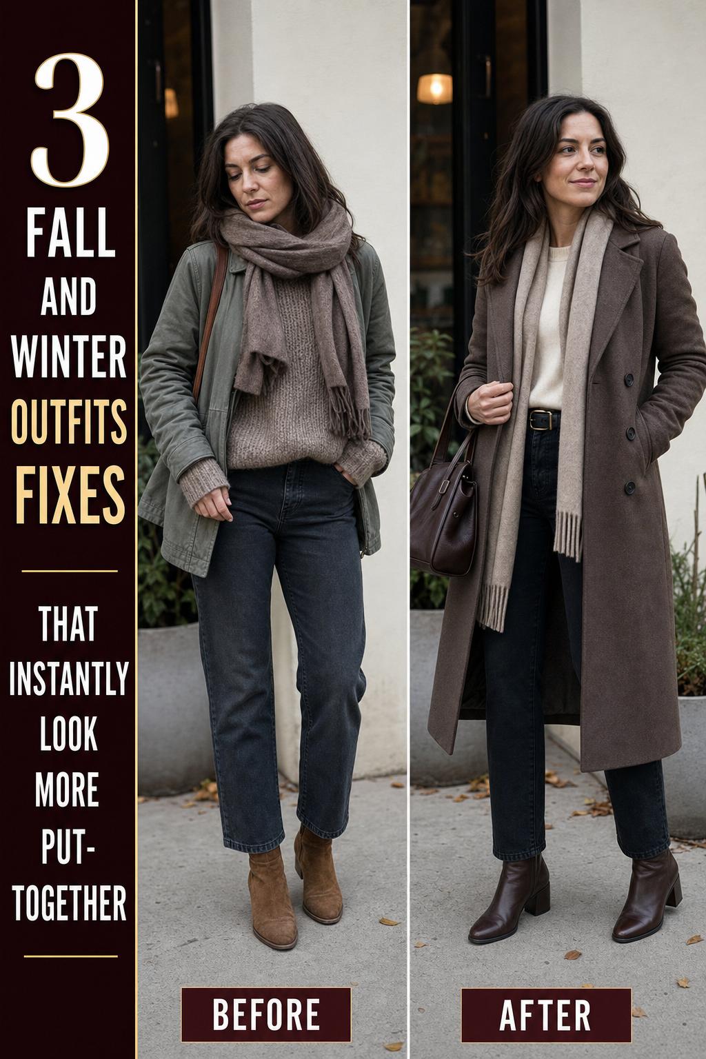 Stylish fall and winter outfits layered with cozy knitwear, scarf, and boots on a city street