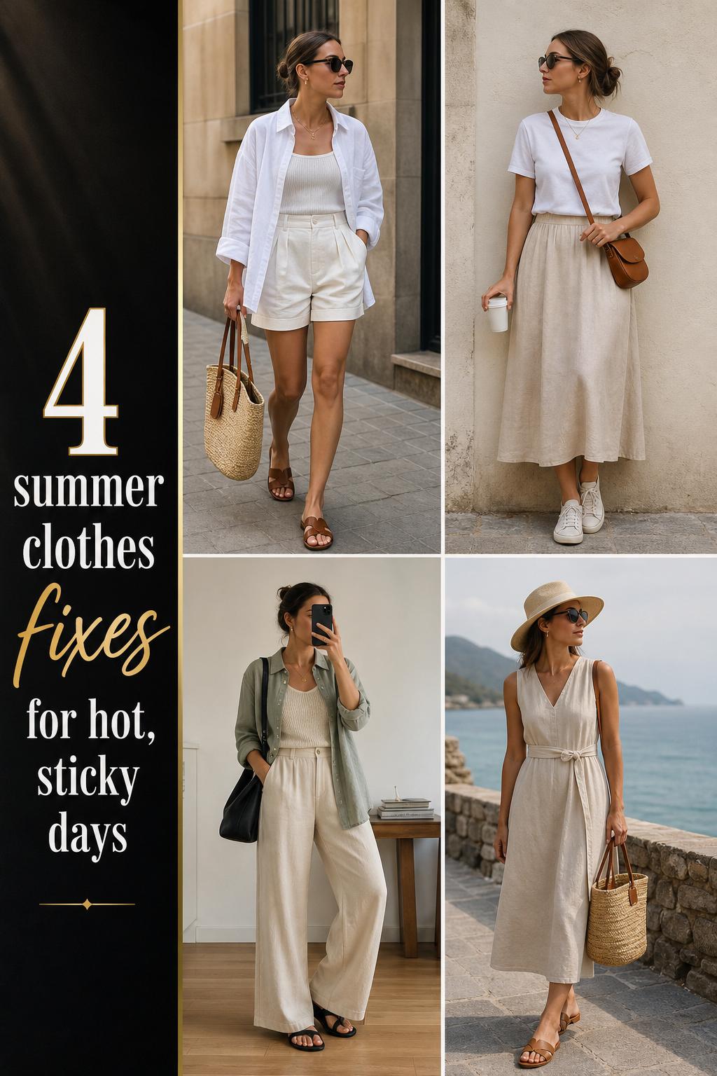 Summer clothes outfit grid showing 4 practical looks for hot, sticky days with linen, midi skirt, layers, and coastal dress.